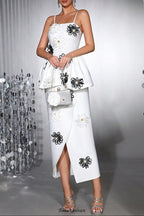 white bodycon midi dress Bandage elastic sling with handmade flower