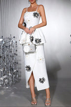 White Bodycon Midi Dress Bandage Elastic Sling With Handmade Flower
