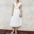 karen v-neck bow pleated chiffon midi dress - white