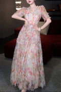 Flowering Girl Women Jodie v Neck Multicolor Ruffle Trim Tulle Maxi Dress