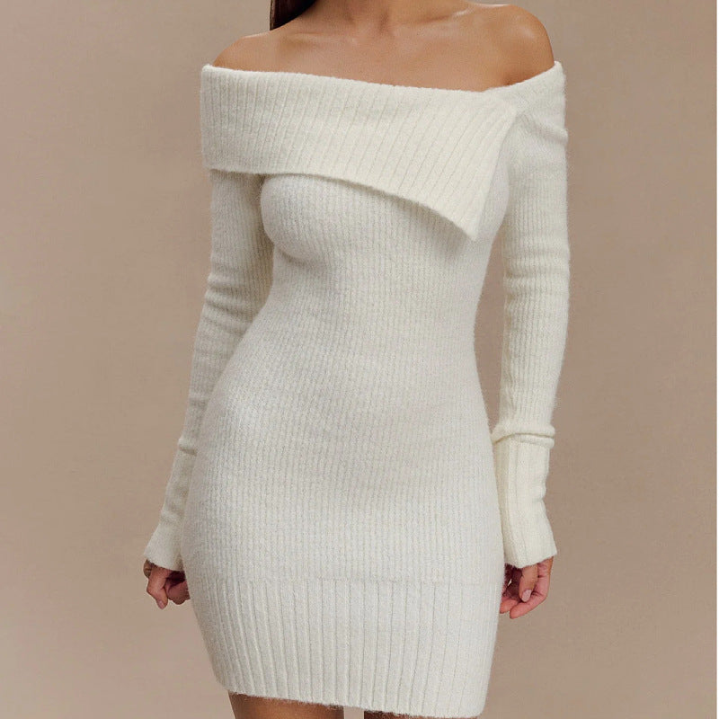 Flowering Girl Women white off-the-shoulder long-sleeved knitted dress