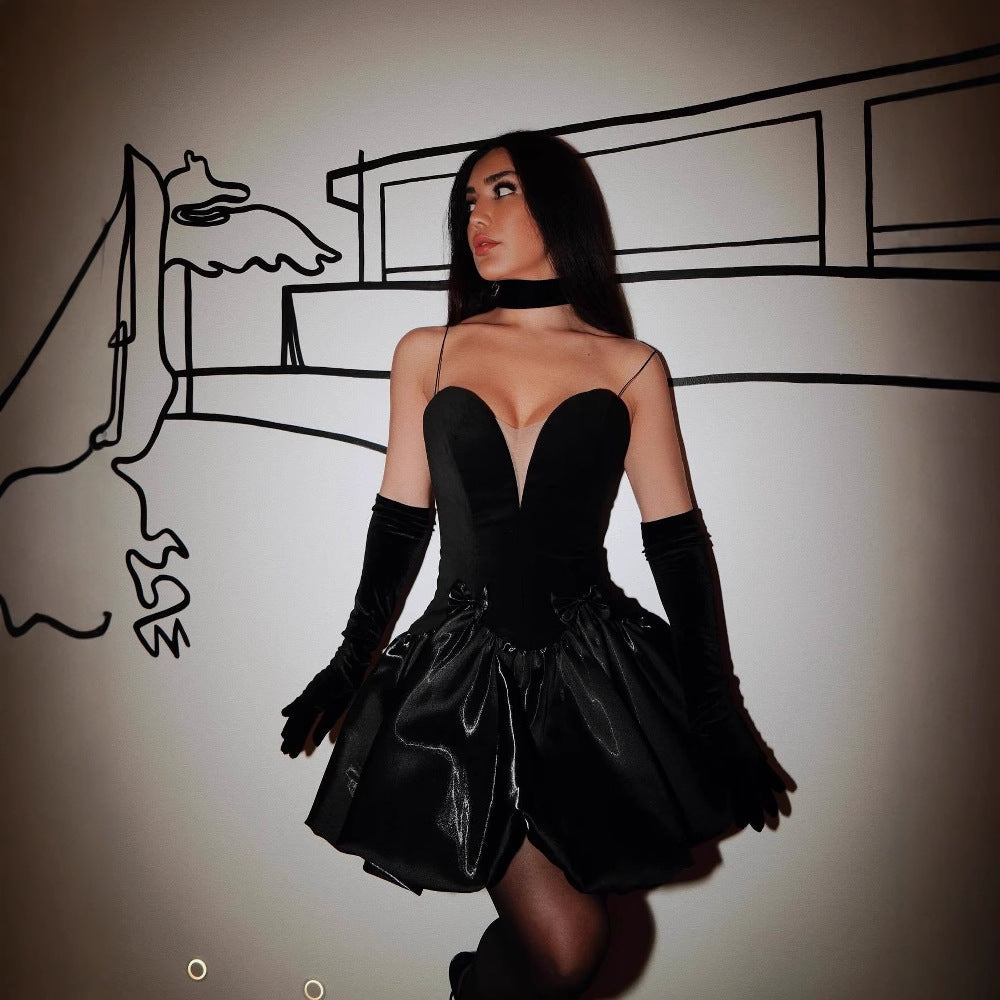 Flowering Girl Women black Strapless puff mini dress