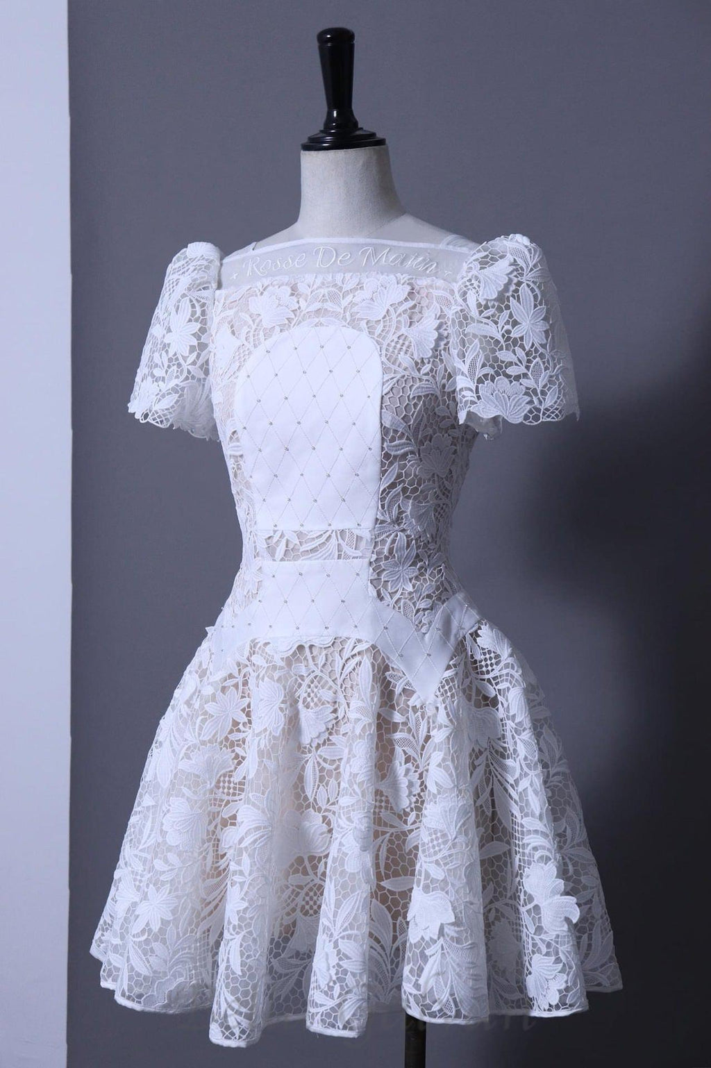 Flowering Girl Women rose sleeve lace hollow mini dress in white