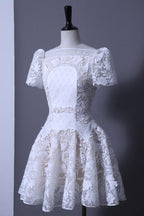 Flowering Girl Women rose sleeve lace hollow mini dress in white
