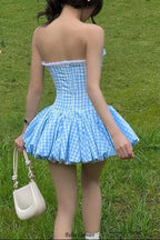 Flowering Girl Women stephanie plaid strapless puffy mini dress - blue
