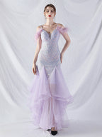 feather sequin strapless tulle maxi dress