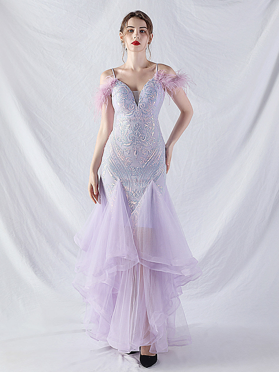 Flowering Girl Women Feather Sequin Strapless Tulle Maxi Dress
