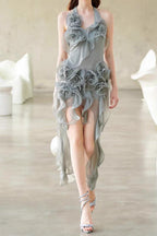 melissa grey Flower Asymmetric Folds Streame Mini Dress