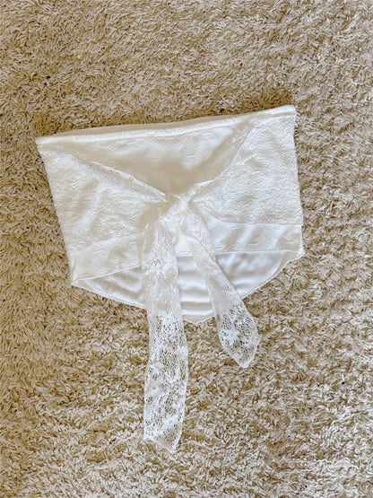 lace bow tie embroidered hollowed out irregular high-waist short strapless top with irregular edges