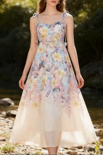 Pastel Floral Print Spaghetti Strap Midi Dress with 3D Flower Appliqués
