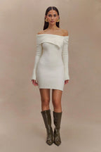Flowering Girl Women white off-the-shoulder long-sleeved knitted dress
