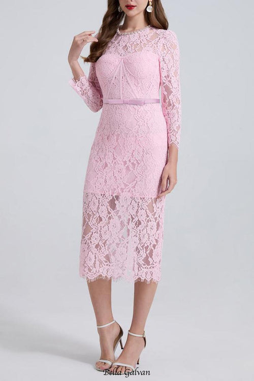 bernice rhinestone fishbone lace midi dress in pink