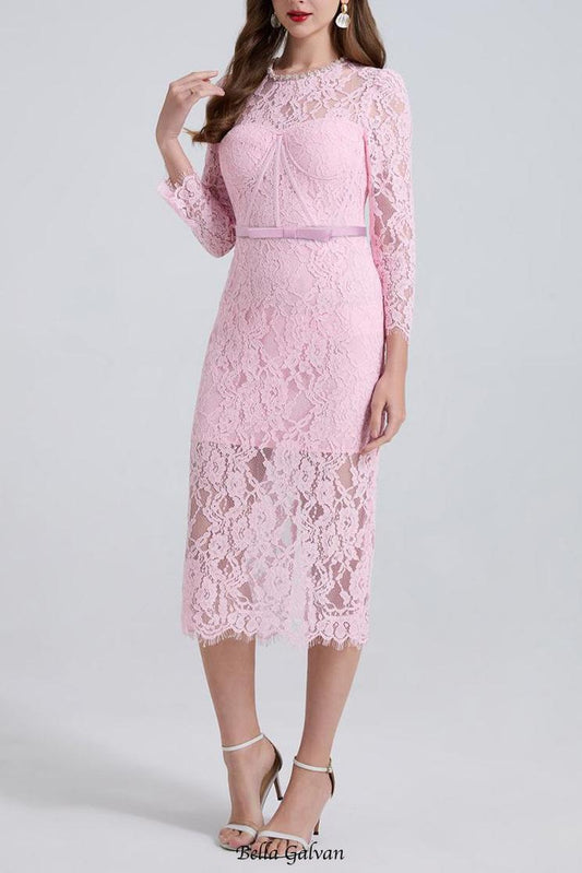 bernice rhinestone fishbone lace midi dress in pink