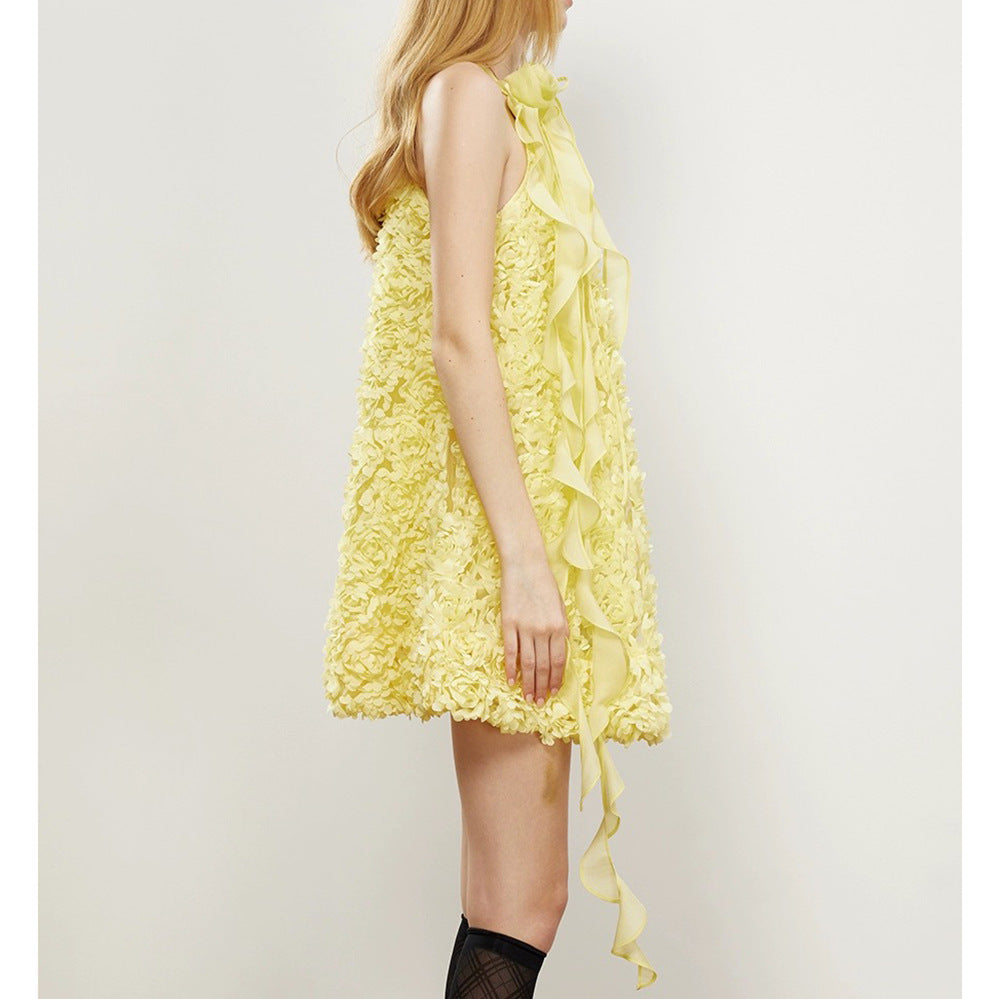 Flowering Girl Women Ribbon halter mini dress in yellow