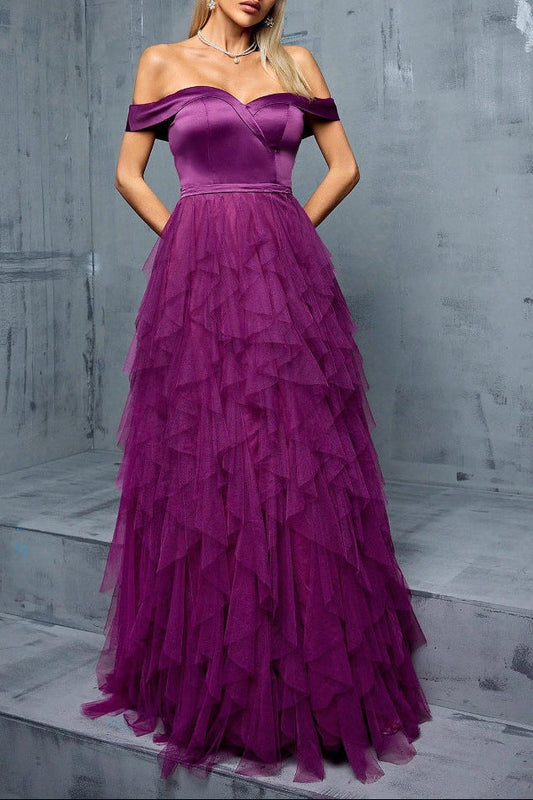 yedda spliced ruffle tulle strapless maxi dress - purple