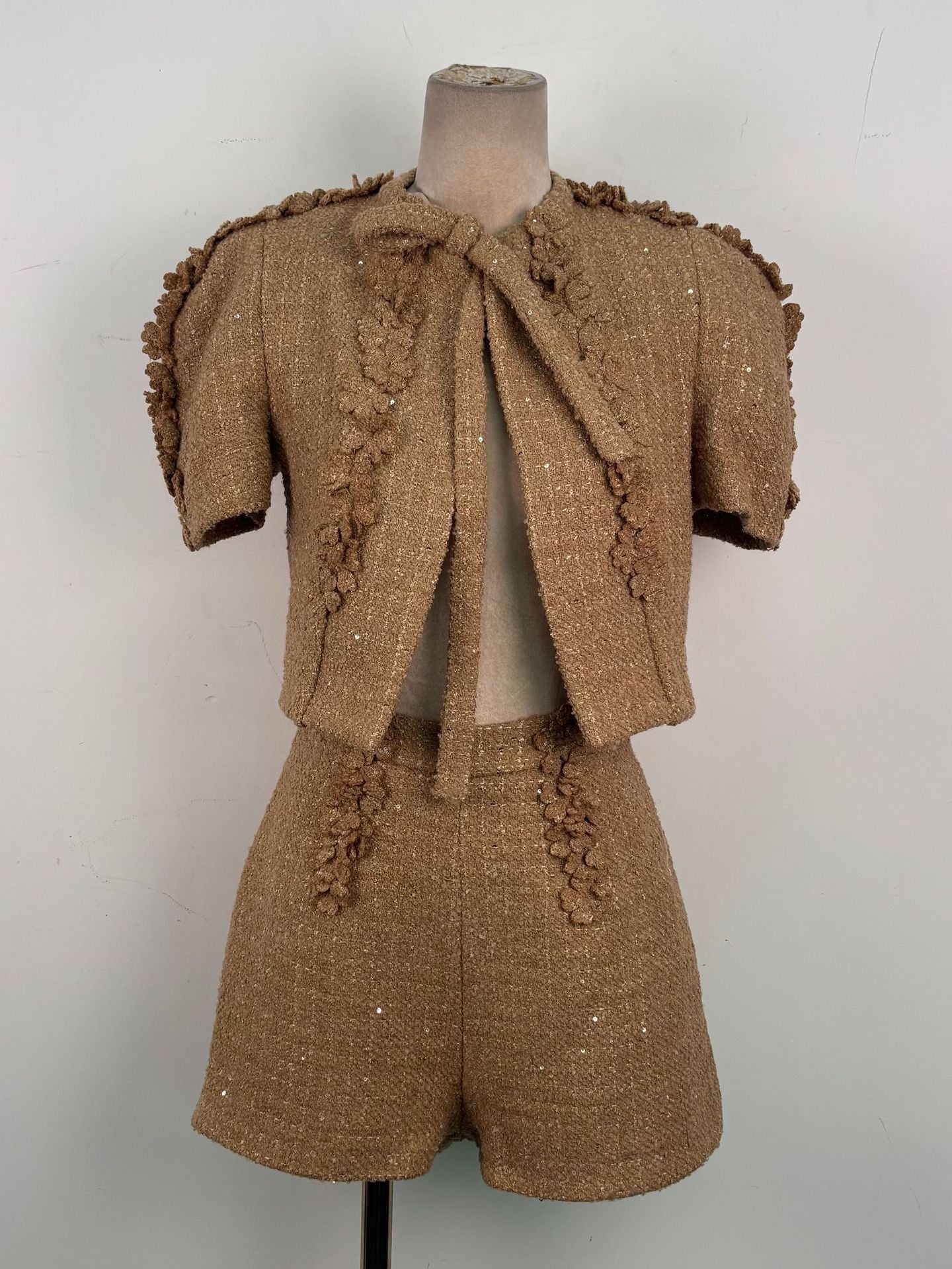 elva brown flower embellished tweed cardigan shorts set