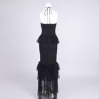 Flowering Girl Women Lace Tiered flower Strapless Maxi Dress in black