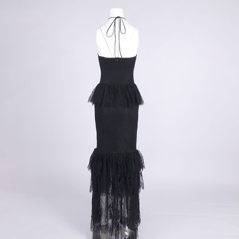Flowering Girl Women Lace Tiered flower Strapless Maxi Dress in black