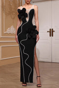 Flowering Girl Women Diamond 3D Flower Sequin Bandage Maxi Dress In Black