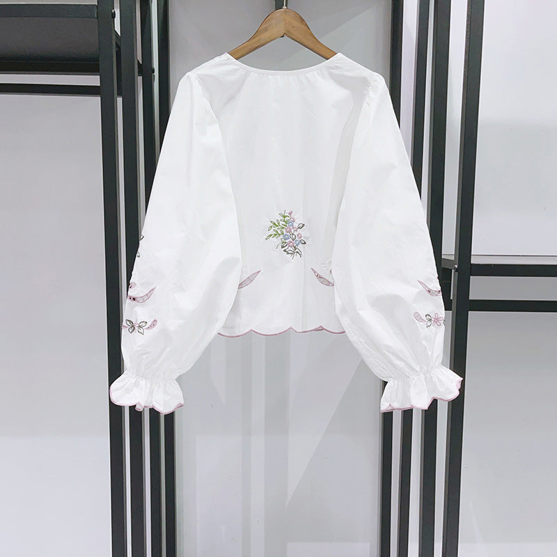Openwork Embroidered V-Neck Closed Flared Sleeve Shirt