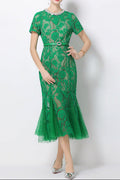 Flowering Girl Women Rhinestone flower hollow lace fishtail midi dress - green