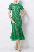 Flowering Girl Women Rhinestone flower hollow lace fishtail midi dress - green