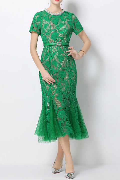 Rhinestone flower hollow lace fishtail midi dress - green