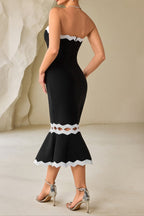 Fishtail lace slit tube top midi dress in black