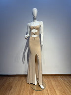 Flowering Girl Women Rhinestones High Slit Cutout Bodycon Maxi Dress In Apricot