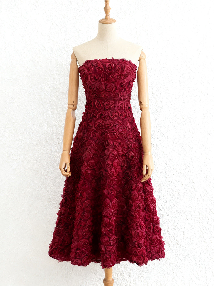 Flowering Girl Women Mona 3D Rose Petal Strapless Mesh Maxi Dress In Wine Red