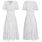 White Lace V-Neck Belted Midi Dress With Tulle Panels