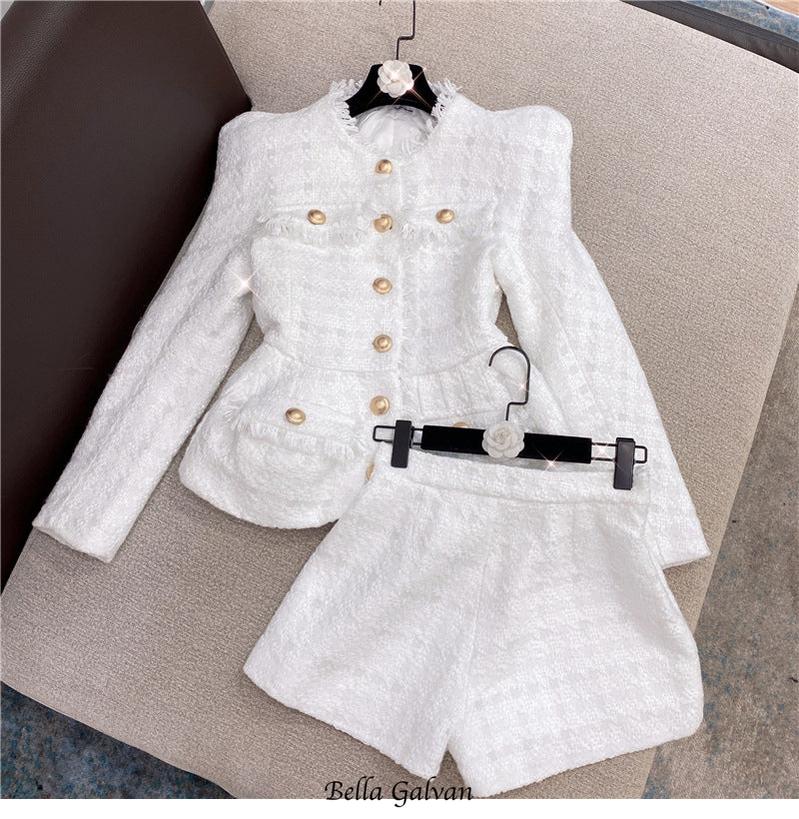 Metal button wool shorts two-piece set - white