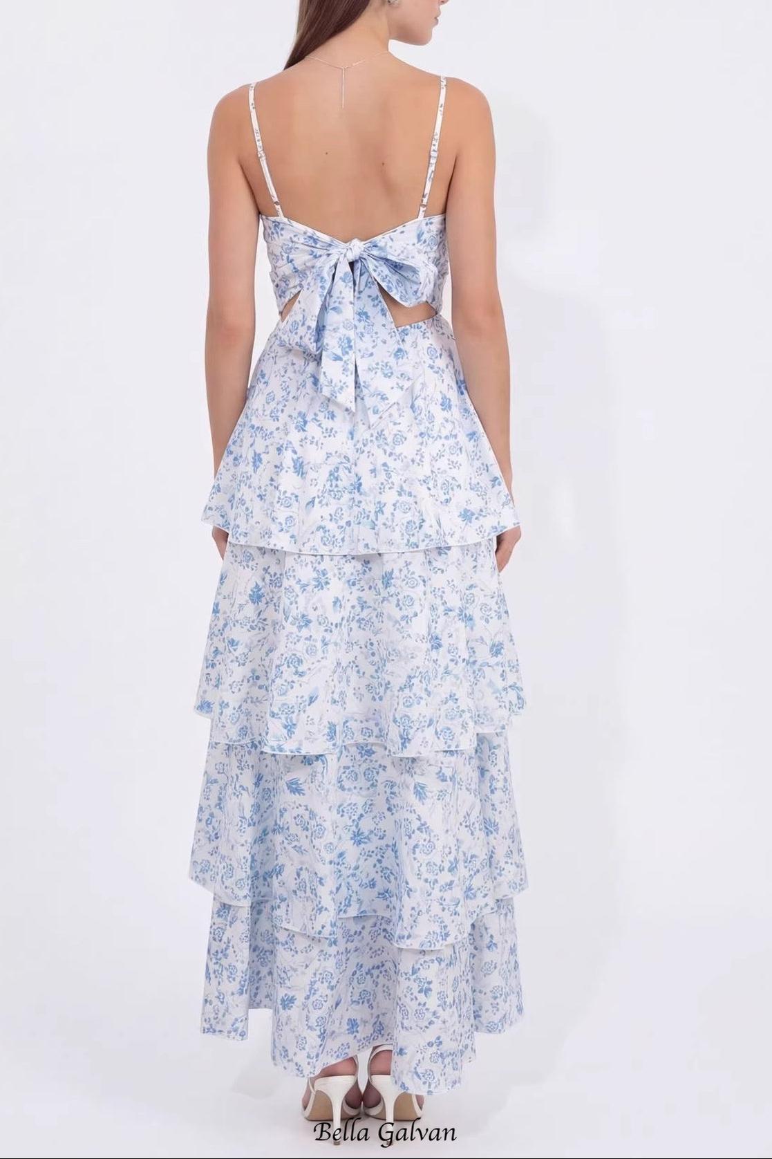 eileen floral print layer strappy maxi dress - blue