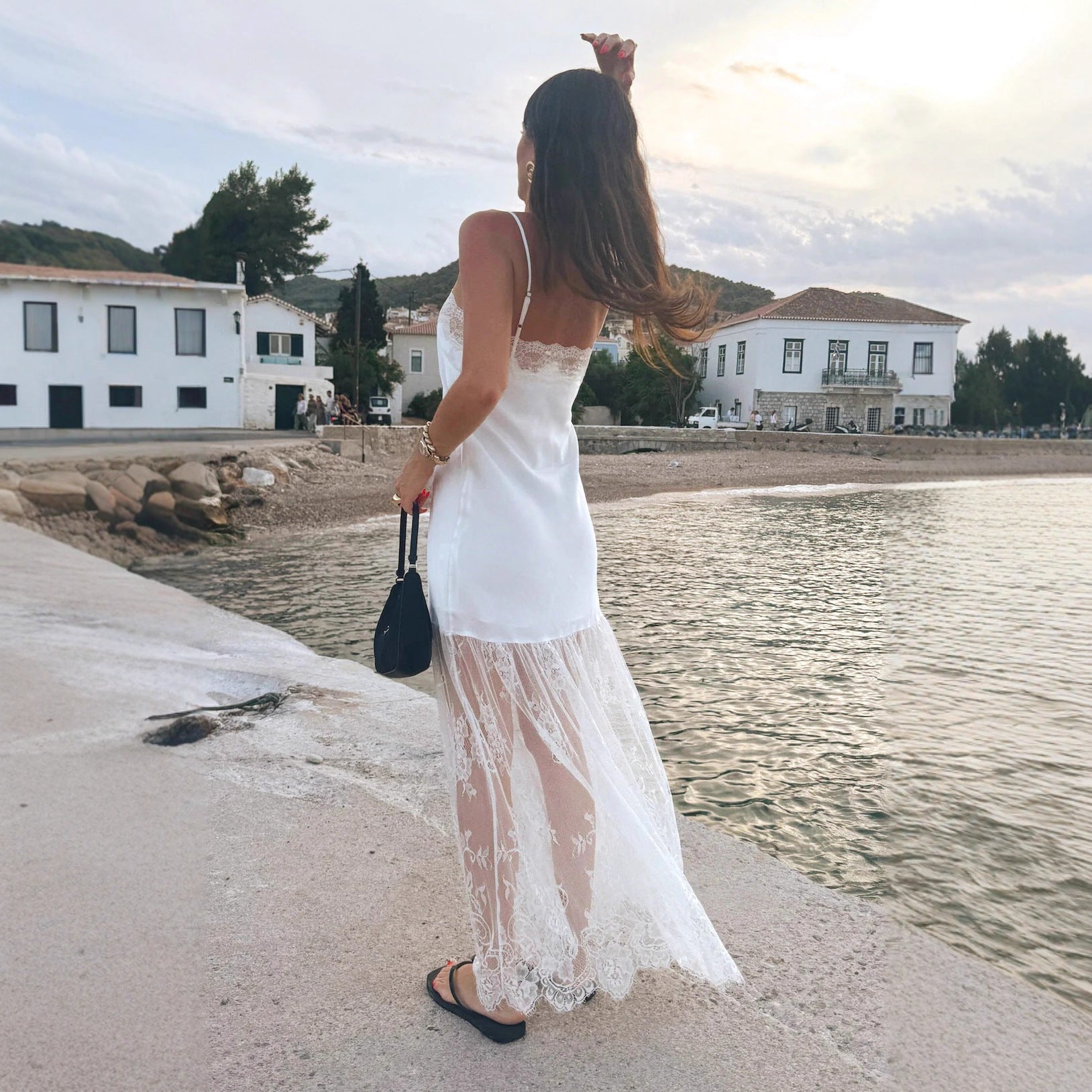 Flowering Girl Women Lace Hem Satin Slip Maxi Dress