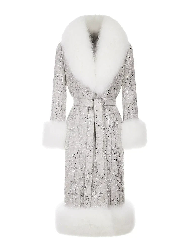 Sliver Tie Long Sleeve Long Fur Autumn Coat