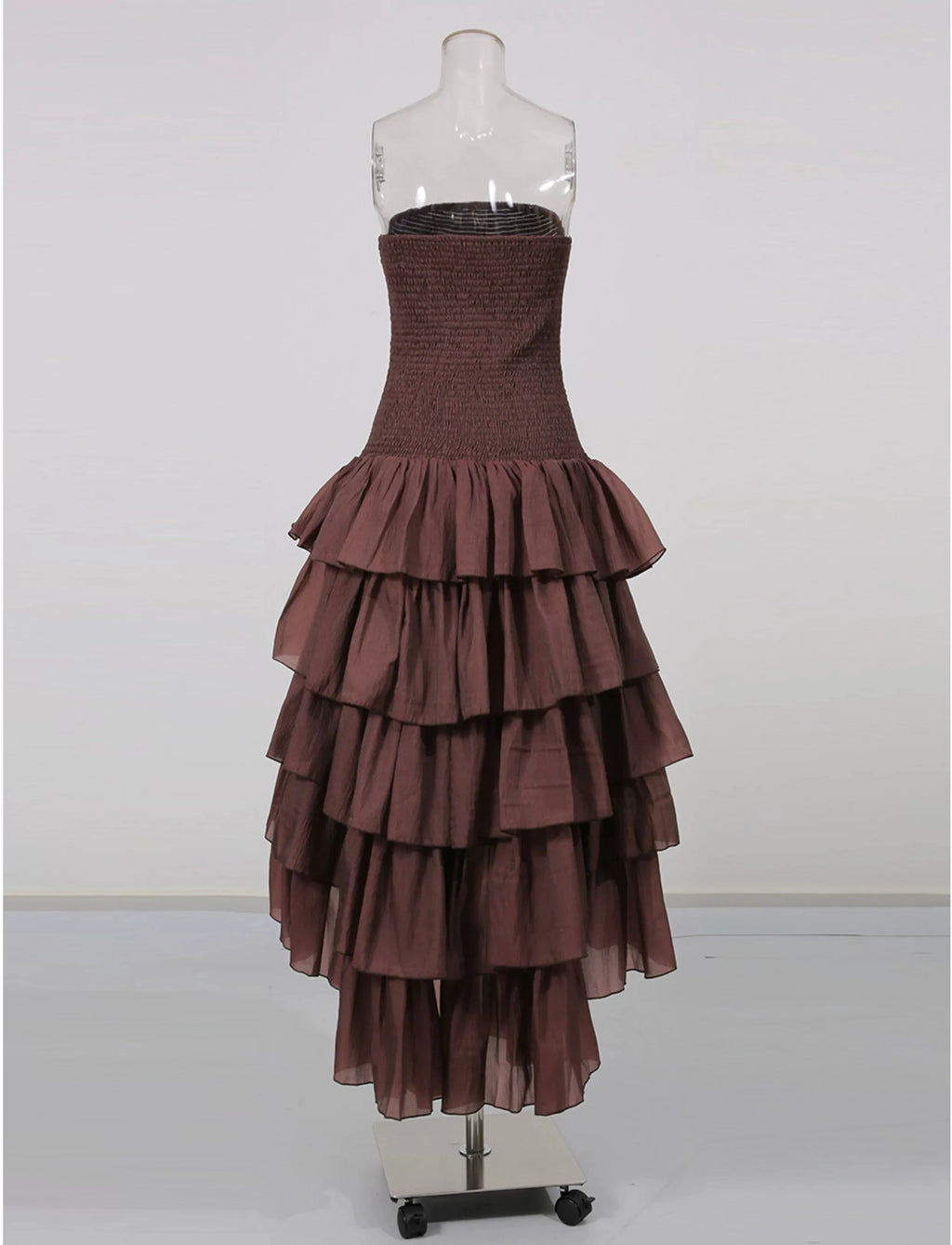 Flowering Girl Women Strapless Smocked Tiered High Low Midi Dress