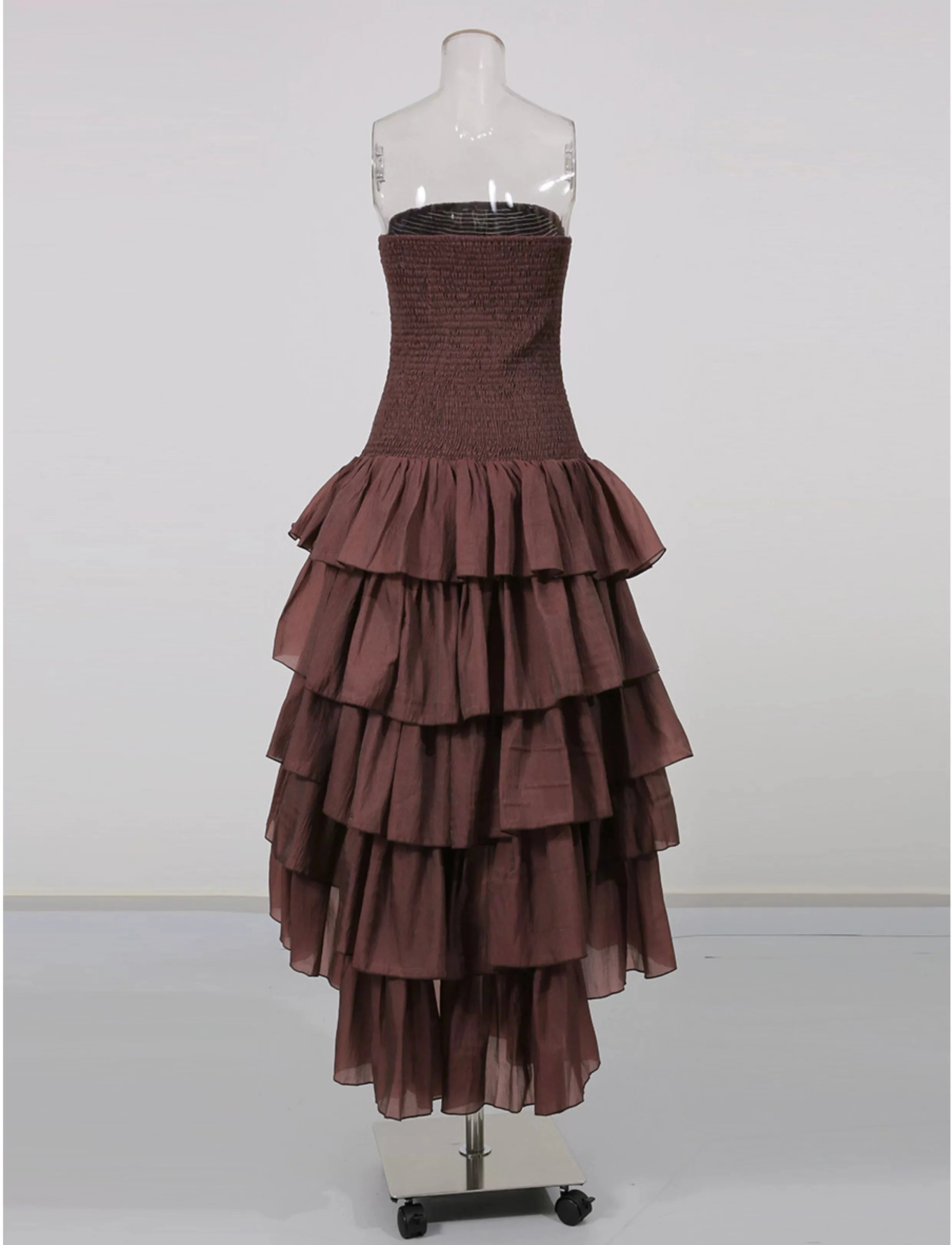 Flowering Girl Women Strapless Smocked Tiered High Low Midi Dress