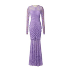 Flowering Girl Women Penny Lace Hollow Ruched Bodycon Long Sleeve Maxi Dress In Purple