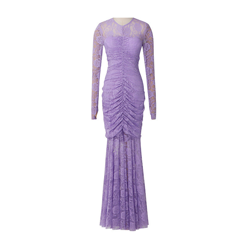 Flowering Girl Women Penny Lace Hollow Ruched Bodycon Long Sleeve Maxi Dress In Purple