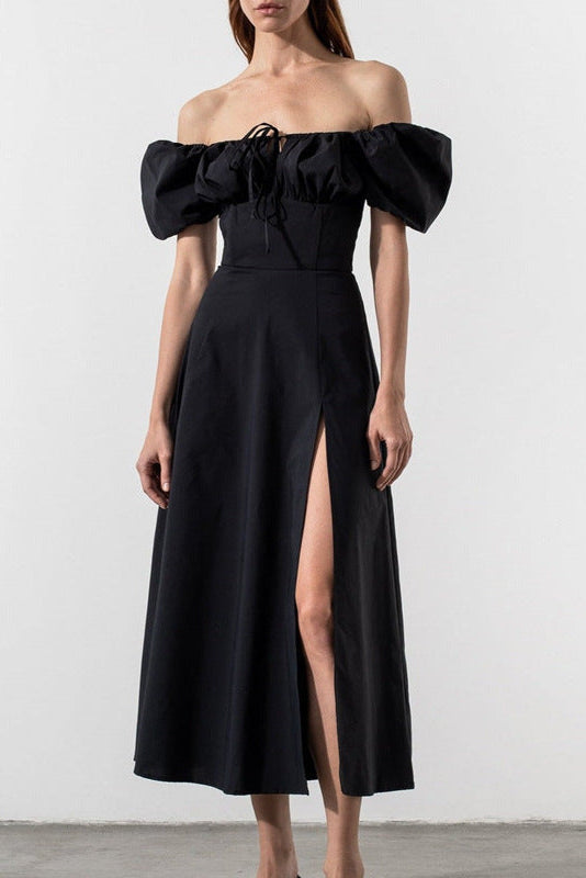 Flowering Girl Women black Puff Sleeve Lace-up Slit Dress