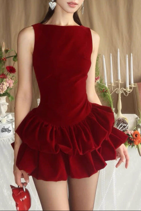 Candance Sleeveless Puffy Velvet Mini Dress In Red