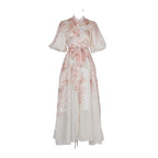 Pink Floral Print Mandarin Collar Chiffon Maxi Dress