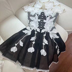Flowering Girl Women black-white lace flower embellished mini dress