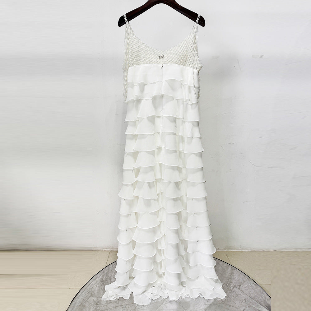 Flowering Girl Women white nail bead layered lotus leaf slit maxi dress