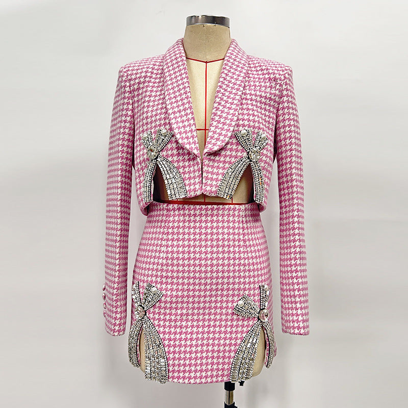 Helen Embellished Checked Wool-Blend Blazer Set In Pink