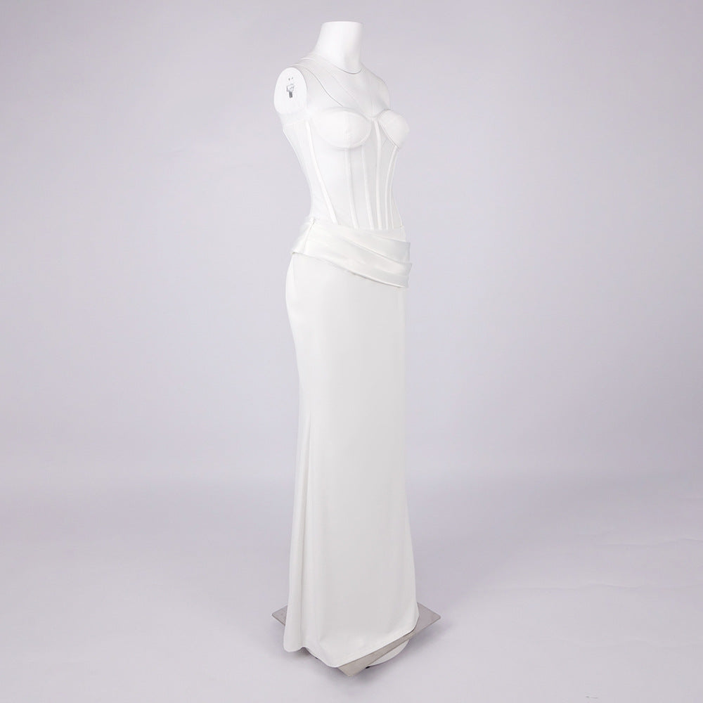 priscilla Strapless Veiled Corset Maxi Dress in white