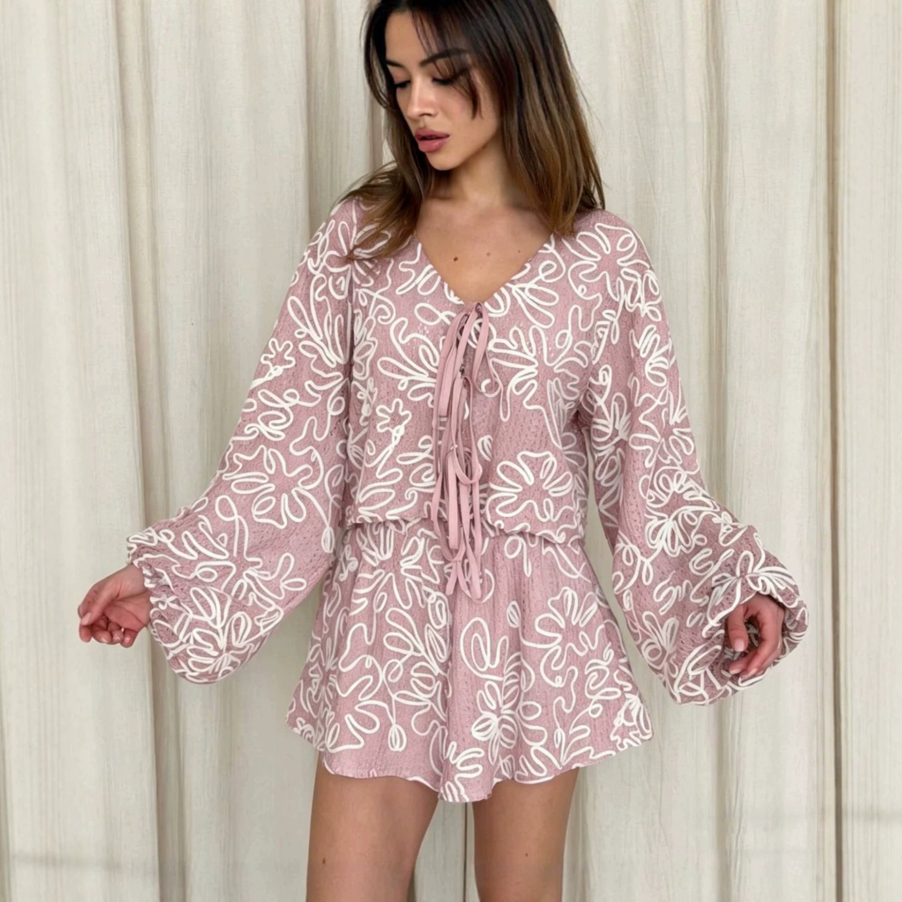 Flowering Girl Women Vacation Jacquard Tie-Waist Cardigan Top & Shorts Two-Piece Set