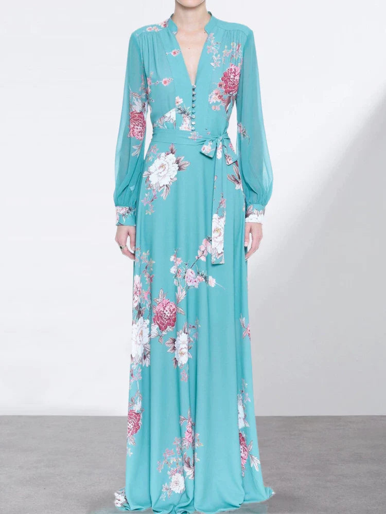 French niche floral dress slimming 2024 elegant female gentle temperament blue skirt waist long skirt ankle-length