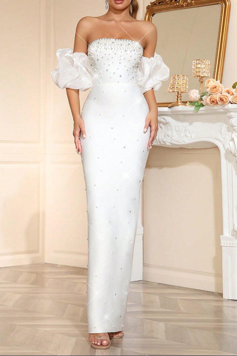 Nancy Rhinestone Beading Strapless Maxi Dress In White