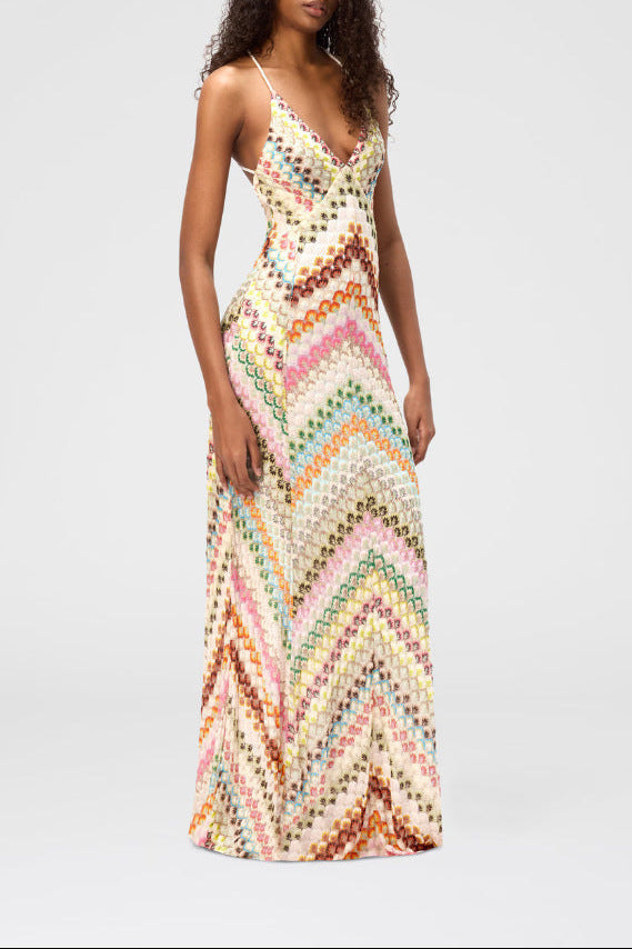 Chevron Rainbow Crochet Cross-Back Spaghetti Strap Maxi Dress